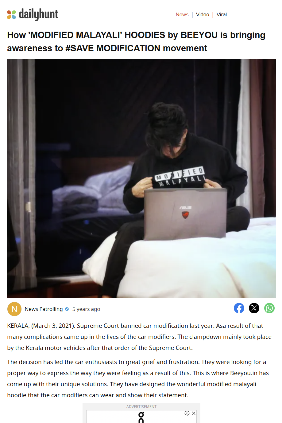 Beeyou Urbanwear news article screenshot featuring my Modified Malayali hoodies